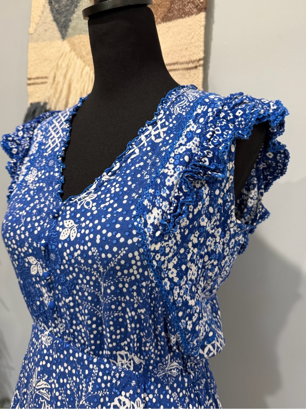 Poupette St. Barth Blue Floral Ruffle Mini Dress Cover-Up White Print XS Resort - Picture 3 of 6